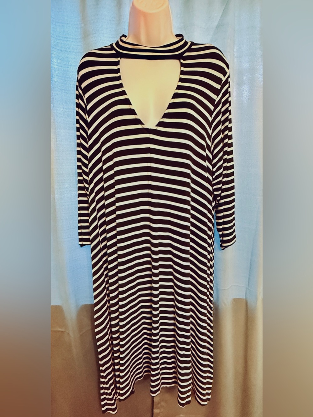 Boutique Plus Size Striped Top Dress Choker Neck Deep V Classic - Layering